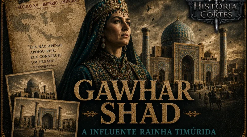 Gawhar Shad, influente rainha timúrida do século XV, diante da arquitetura monumental do Império Timúrida