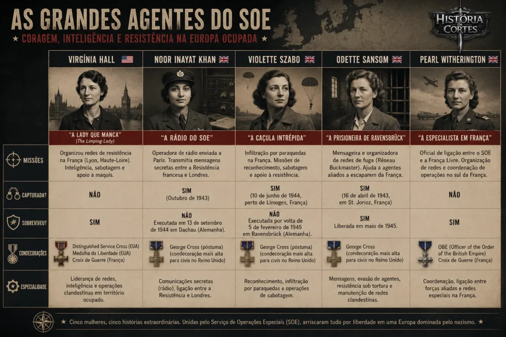 Tabela comparativa das principais mulheres agentes do SOE: Virginia Hall, Noor Inayat Khan, Violette Szabo, Odette Sansom e Pearl Witherington.
