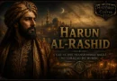 Harun al-Rashid, califa do Califado Abássida, diante de Bagdá durante a Idade de Ouro Islâmica.