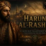 Harun al-Rashid, califa do Califado Abássida, diante de Bagdá durante a Idade de Ouro Islâmica.