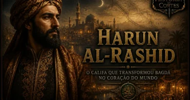 Harun al-Rashid, califa do Califado Abássida, diante de Bagdá durante a Idade de Ouro Islâmica.