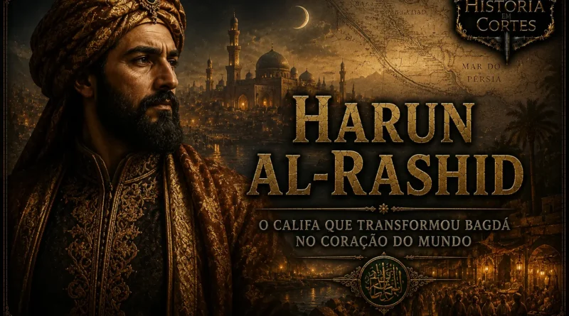 Harun al-Rashid, califa do Califado Abássida, diante de Bagdá durante a Idade de Ouro Islâmica.