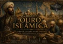 Ilustração da Idade de Ouro Islâmica mostrando estudiosos muçulmanos, instrumentos científicos, arquitetura islâmica e a cidade de Bagdá durante o auge do Califado Abássida.
