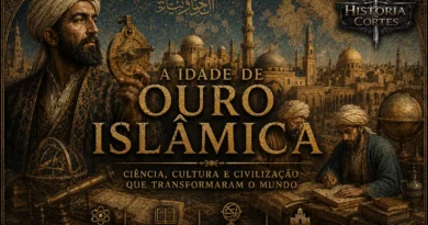 Ilustração da Idade de Ouro Islâmica mostrando estudiosos muçulmanos, instrumentos científicos, arquitetura islâmica e a cidade de Bagdá durante o auge do Califado Abássida.