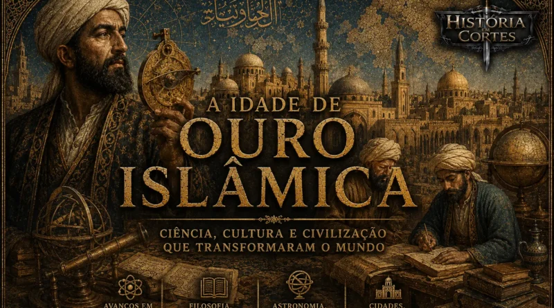 Ilustração da Idade de Ouro Islâmica mostrando estudiosos muçulmanos, instrumentos científicos, arquitetura islâmica e a cidade de Bagdá durante o auge do Califado Abássida.