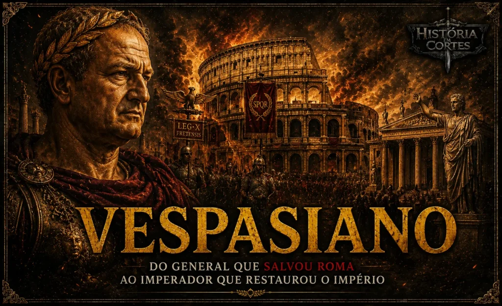 Ilustração de Vespasiano diante do Coliseu e de soldados romanos, simbolizando a restauração do Império Romano após a guerra civil e o início da Dinastia Flaviana.