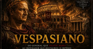 Ilustração de Vespasiano diante do Coliseu e de soldados romanos, simbolizando a restauração do Império Romano após a guerra civil e o início da Dinastia Flaviana.