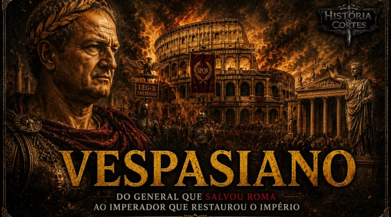 Ilustração de Vespasiano diante do Coliseu e de soldados romanos, simbolizando a restauração do Império Romano após a guerra civil e o início da Dinastia Flaviana.