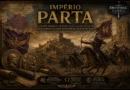 Ilustração do Império Parta mostrando arqueiros a cavalo, estandartes, mapa do território parta e a capital Ctesifonte, destacando a maior potência do Oriente entre Roma e a Pérsia.