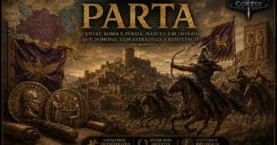 Ilustração do Império Parta mostrando arqueiros a cavalo, estandartes, mapa do território parta e a capital Ctesifonte, destacando a maior potência do Oriente entre Roma e a Pérsia.