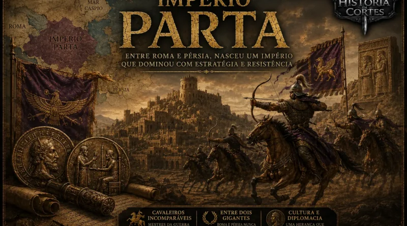Ilustração do Império Parta mostrando arqueiros a cavalo, estandartes, mapa do território parta e a capital Ctesifonte, destacando a maior potência do Oriente entre Roma e a Pérsia.