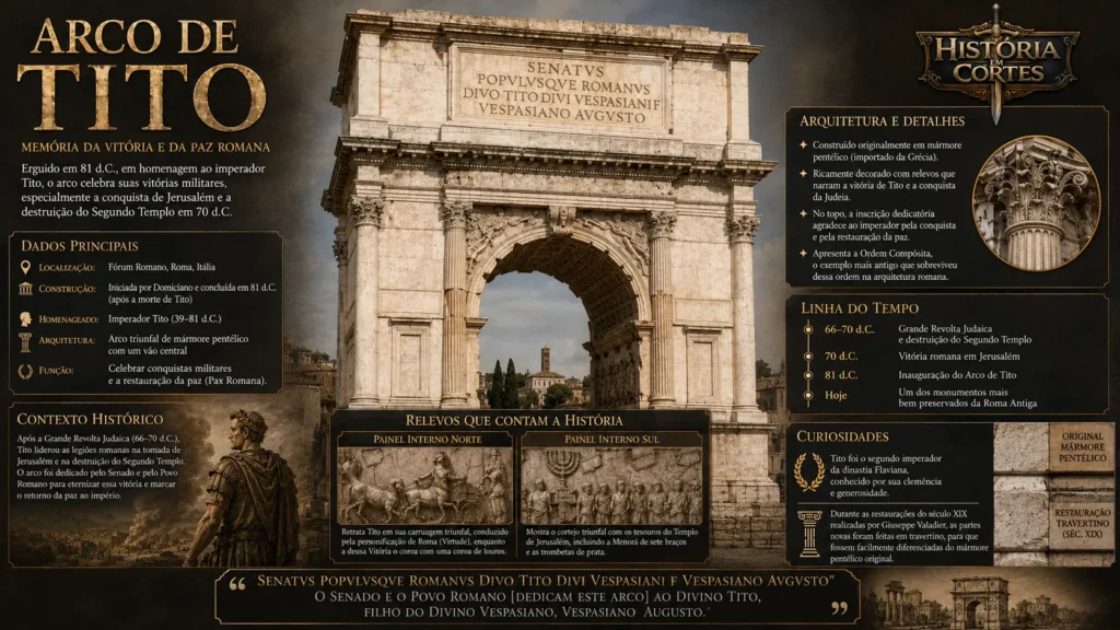 Infográfico do Arco de Tito, monumento romano localizado no Fórum Romano, construído em 81 d.C. para homenagear o imperador Tito após a conquista de Jerusalém.
