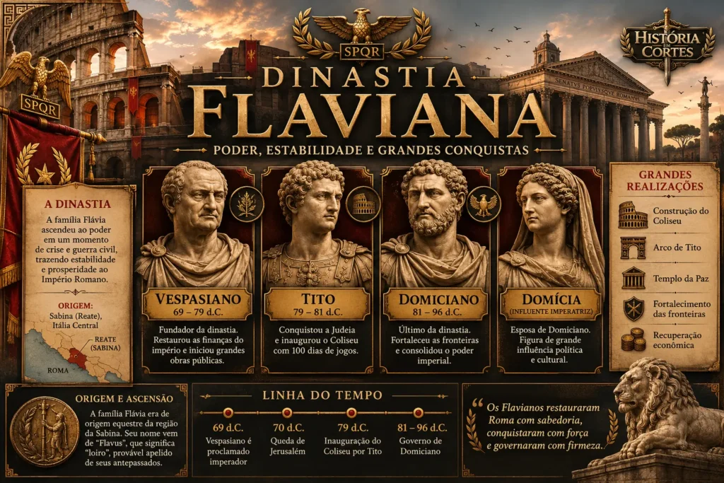 Infográfico da Dinastia Flaviana mostrando Vespasiano, Tito, Domiciano e Domícia, com destaque para a origem sabina da família, principais realizações e linha do tempo do governo entre 69 e 96 d.C.