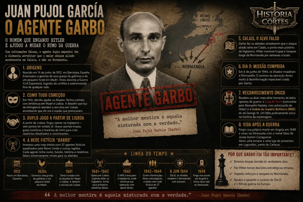 Infográfico sobre Juan Pujol García, o Agente Garbo, espião duplo que enganou a Alemanha Nazista durante a Segunda Guerra Mundial.