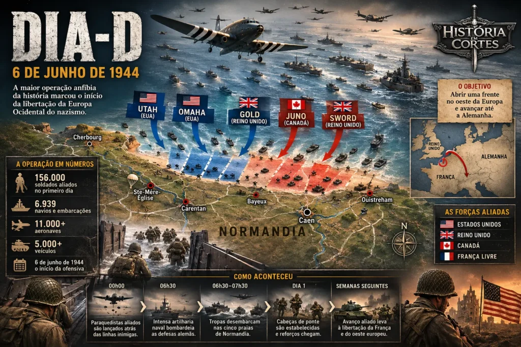 Mapa do Dia D mostrando as cinco praias do desembarque aliado na Normandia em 6 de junho de 1944