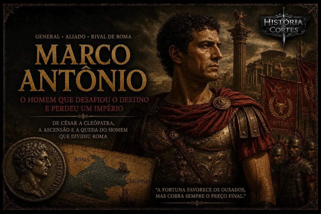 Ilustração de Marco Antônio, general romano e membro do Segundo Triunvirato, diante de Roma e de estandartes legionários, representando sua ascensão política, sua aliança com Cleópatra e a guerra contra Otávio.