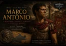 Ilustração de Marco Antônio, general romano e membro do Segundo Triunvirato, diante de Roma e de estandartes legionários, representando sua ascensão política, sua aliança com Cleópatra e a guerra contra Otávio.