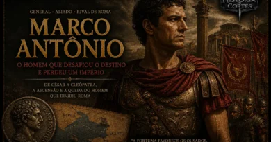 Ilustração de Marco Antônio, general romano e membro do Segundo Triunvirato, diante de Roma e de estandartes legionários, representando sua ascensão política, sua aliança com Cleópatra e a guerra contra Otávio.