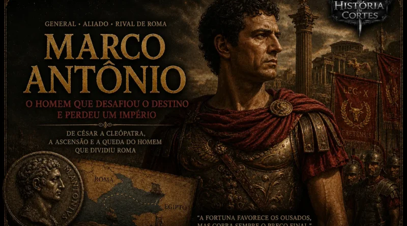 Ilustração de Marco Antônio, general romano e membro do Segundo Triunvirato, diante de Roma e de estandartes legionários, representando sua ascensão política, sua aliança com Cleópatra e a guerra contra Otávio.
