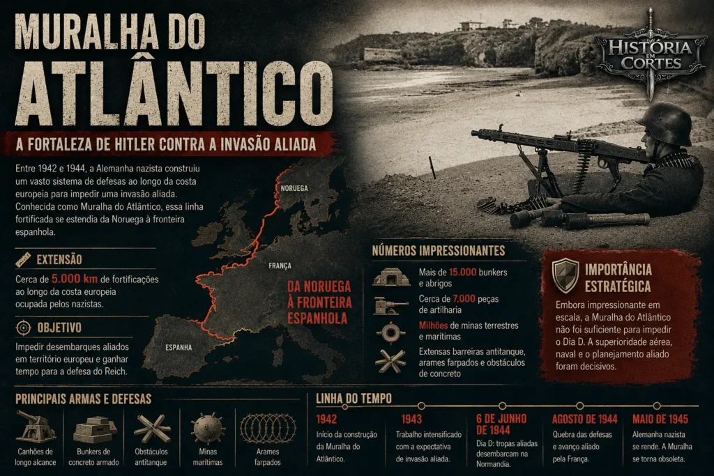 Infográfico sobre a Muralha do Atlântico, sistema de fortificações construído pela Alemanha nazista na costa europeia durante a Segunda Guerra Mundial.