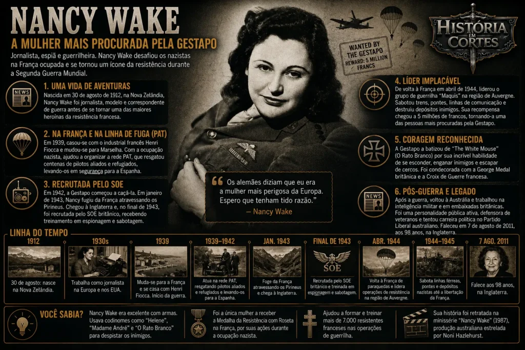 Infográfico sobre Nancy Wake, agente do SOE e integrante da Resistência Francesa durante a Segunda Guerra Mundial.