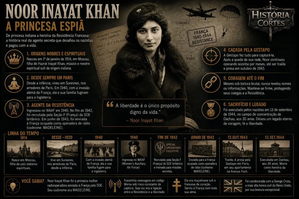 Infográfico sobre Noor Inayat Khan, agente do SOE e operadora de rádio da Resistência na França ocupada durante a Segunda Guerra Mundial.