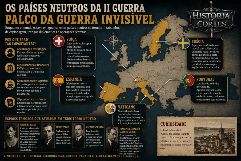 Mapa dos países neutros que foram centros de espionagem na Segunda Guerra Mundial