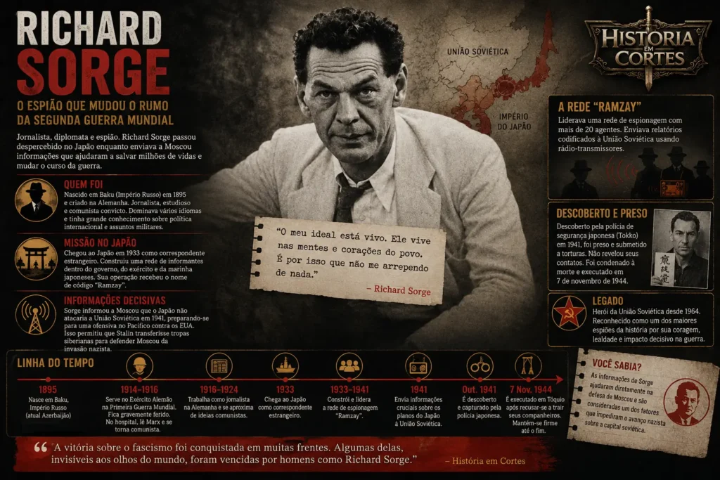 Infográfico sobre Richard Sorge, espião soviético que comandou uma rede de espionagem no Japão durante a Segunda Guerra Mundial.