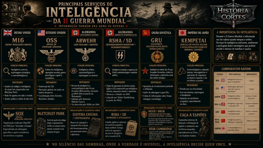 Infográfico sobre os principais serviços de inteligência da Segunda Guerra Mundial, incluindo MI6, OSS, Abwehr, RSHA, GRU, NKVD e Kempetai.