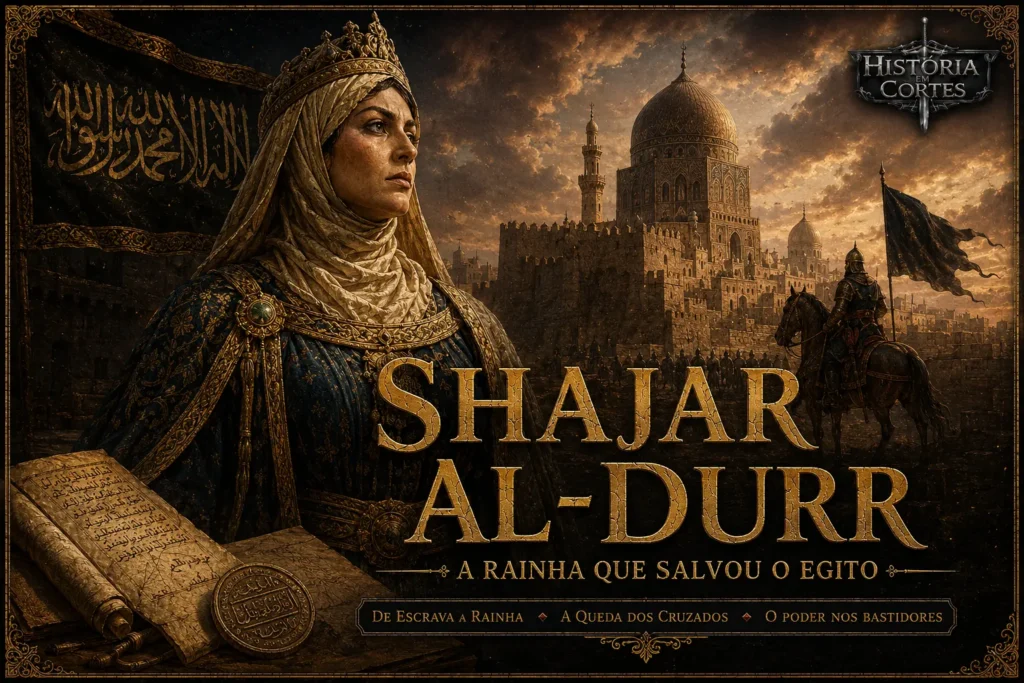 Ilustração de Shajar al-Durr, a sultana do Egito, diante da Cidadela do Cairo durante a formação do Sultanato Mameluco.