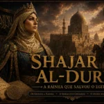 Ilustração de Shajar al-Durr, a sultana do Egito, diante da Cidadela do Cairo durante a formação do Sultanato Mameluco.