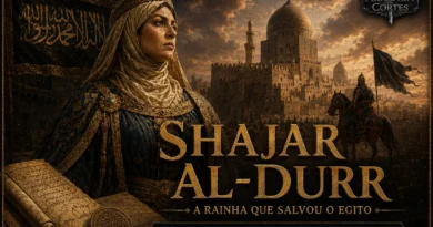Ilustração de Shajar al-Durr, a sultana do Egito, diante da Cidadela do Cairo durante a formação do Sultanato Mameluco.