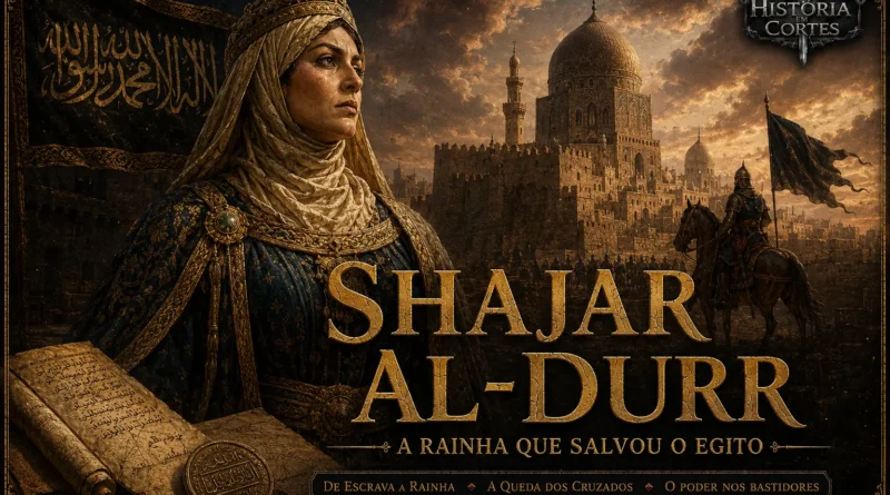Ilustração de Shajar al-Durr, a sultana do Egito, diante da Cidadela do Cairo durante a formação do Sultanato Mameluco.