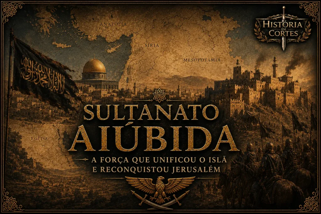Ilustração do Sultanato Aiúbida mostrando Jerusalém, fortalezas medievais, soldados e mapa do Oriente Médio durante o governo de Saladino.