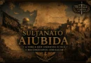 Ilustração do Sultanato Aiúbida mostrando Jerusalém, fortalezas medievais, soldados e mapa do Oriente Médio durante o governo de Saladino.