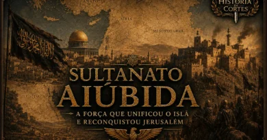Ilustração do Sultanato Aiúbida mostrando Jerusalém, fortalezas medievais, soldados e mapa do Oriente Médio durante o governo de Saladino.