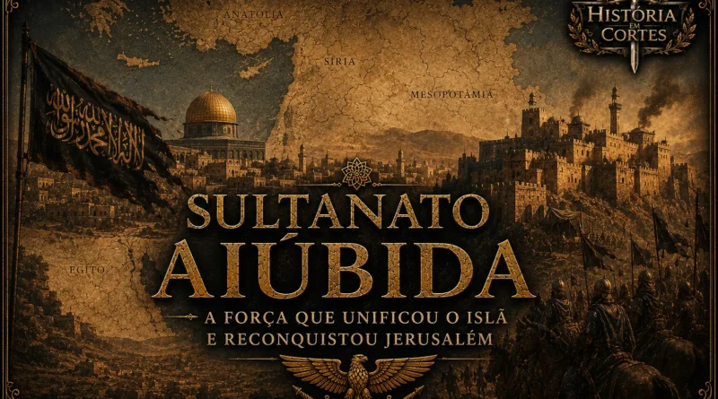 Ilustração do Sultanato Aiúbida mostrando Jerusalém, fortalezas medievais, soldados e mapa do Oriente Médio durante o governo de Saladino.