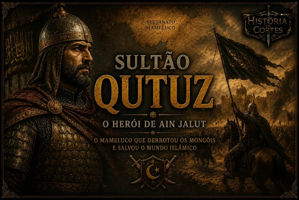 Capa ilustrada sobre o sultão Qutuz, governante do Sultanato Mameluco que derrotou os mongóis na Batalha de Ain Jalut em 1260.