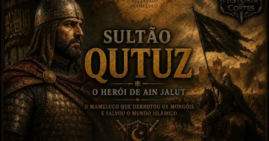 Capa ilustrada sobre o sultão Qutuz, governante do Sultanato Mameluco que derrotou os mongóis na Batalha de Ain Jalut em 1260.