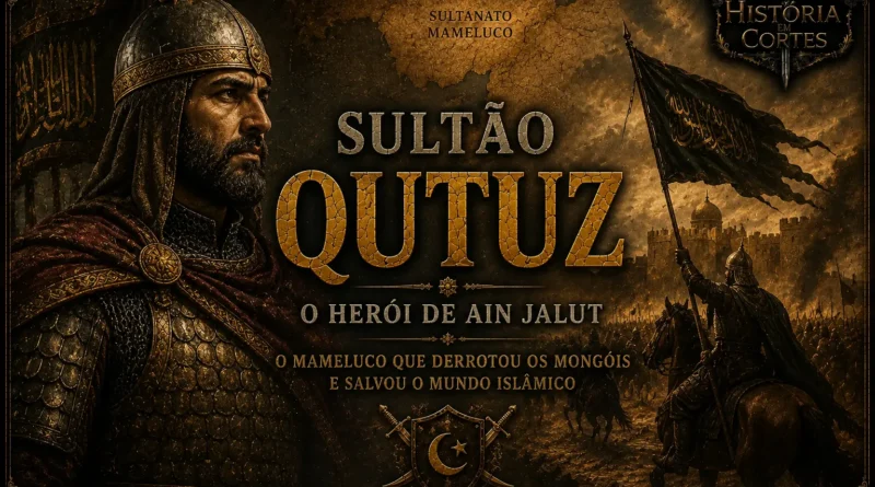 Capa ilustrada sobre o sultão Qutuz, governante do Sultanato Mameluco que derrotou os mongóis na Batalha de Ain Jalut em 1260.