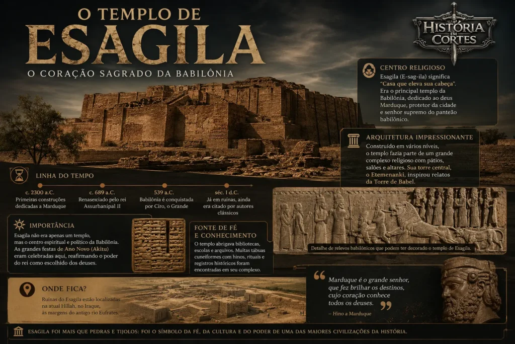 Infográfico sobre o Templo de Esagila, principal santuário da antiga Babilônia dedicado ao deus Marduque, apresentando sua história, linha do tempo, localização, arquitetura e importância religiosa.
