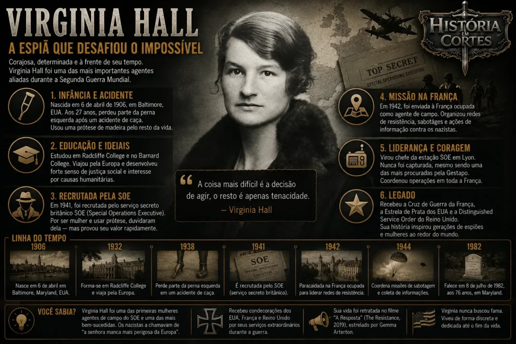 Infográfico sobre Virginia Hall, agente do SOE e da OSS que atuou na Resistência Francesa durante a Segunda Guerra Mundial.