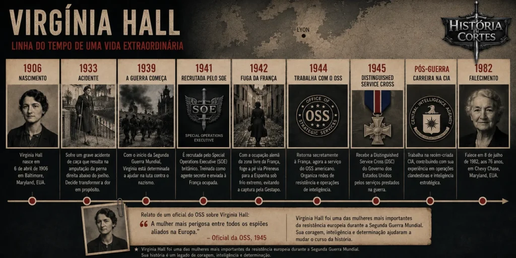 Linha do tempo da vida de Virginia Hall mostrando nascimento, acidente, recrutamento pelo SOE, atuação no OSS, condecorações e carreira na CIA.