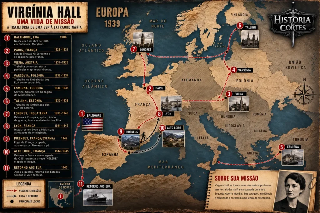 Mapa mostrando a trajetória de Virginia Hall pela Europa entre 1906 e 1945, incluindo Baltimore, Paris, Londres, Lyon, Pireneus e Alto Loire durante a Segunda Guerra Mundial.