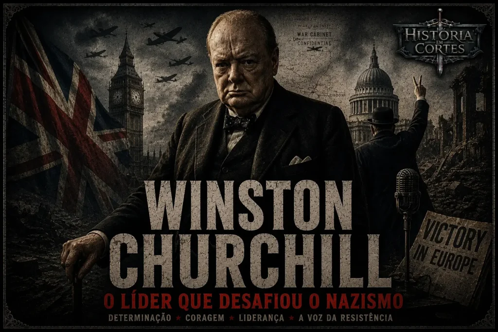 Winston Churchill durante a Segunda Guerra Mundial, com Londres e símbolos da resistência britânica ao nazismo