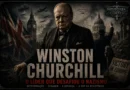 Winston Churchill durante a Segunda Guerra Mundial, com Londres e símbolos da resistência britânica ao nazismo