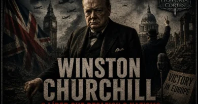 Winston Churchill durante a Segunda Guerra Mundial, com Londres e símbolos da resistência britânica ao nazismo
