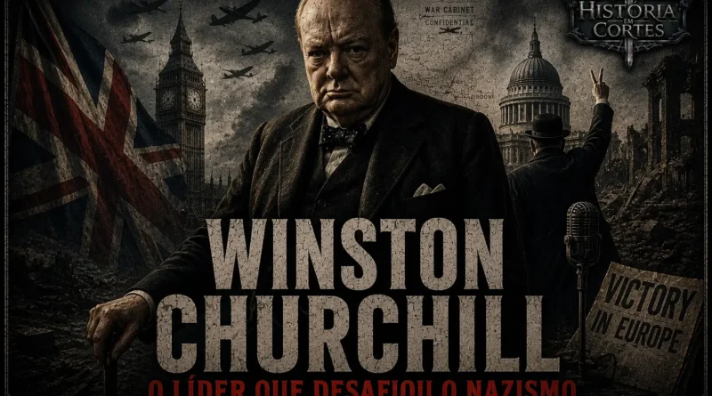 Winston Churchill durante a Segunda Guerra Mundial, com Londres e símbolos da resistência britânica ao nazismo