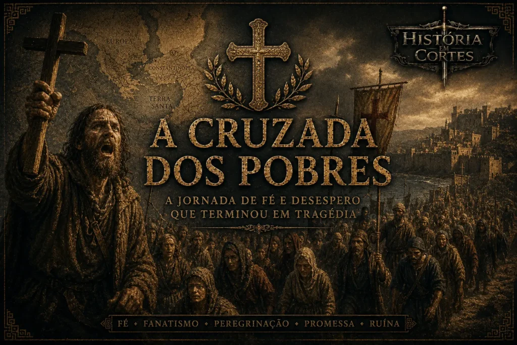 Ilustração da Cruzada dos Pobres mostrando Pedro, o Eremita, liderando uma multidão de peregrinos rumo ao Oriente durante os acontecimentos que antecederam a Primeira Cruzada.