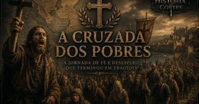 Ilustração da Cruzada dos Pobres mostrando Pedro, o Eremita, liderando uma multidão de peregrinos rumo ao Oriente durante os acontecimentos que antecederam a Primeira Cruzada.